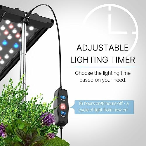 Adjustable lighting timer with LED lights and control panel for plant growth.