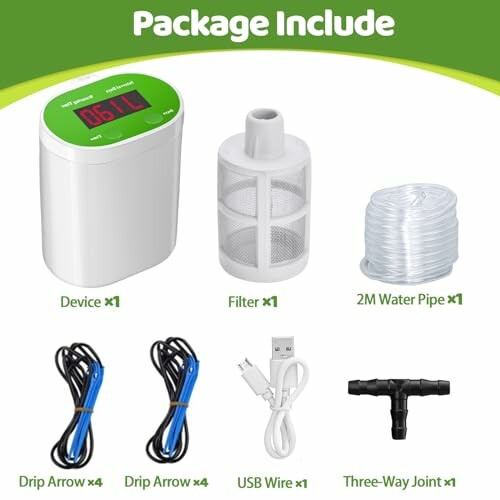 Contents of an automatic irrigation kit, including device, filter, 2M water pipe, drip arrows, USB wire, and three-way joint.