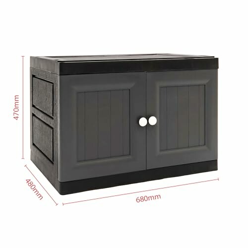 Black plastic storage cabinet with dimensions.