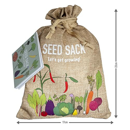 Burlap seed sack with vegetable illustrations and booklet.