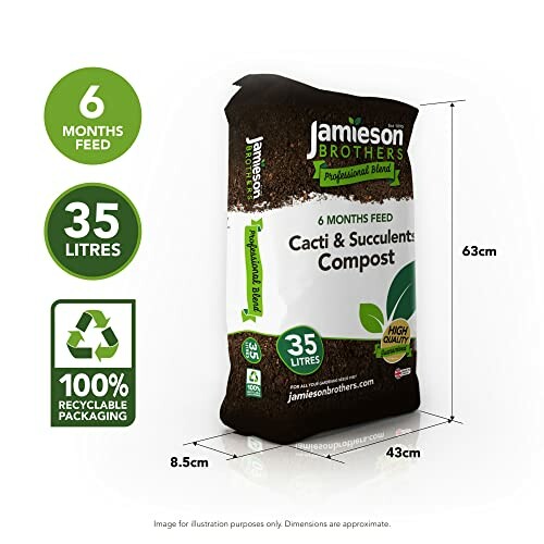 Jamieson Brothers Cacti & Succulents Compost bag with dimensions and eco-friendly packaging