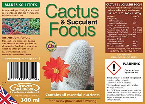 Cactus and Succulent Focus plant feed label with instructions and warning.