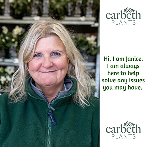 Woman in green jacket with text about customer support at Carbeth Plants