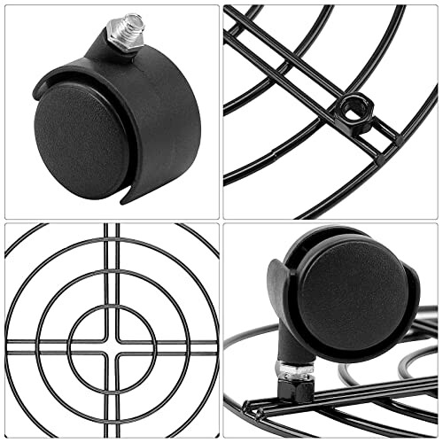 Collage of caster wheels and circular wire rack.