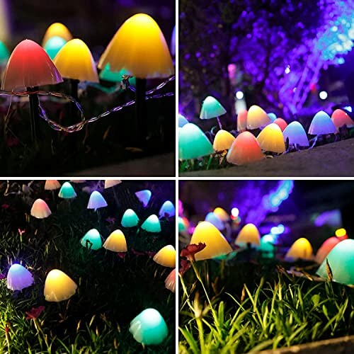 Colorful mushroom-shaped garden lights at night