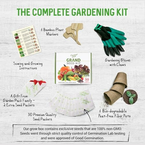 Complete Gardening Kit with seeds, gloves, markers, pots, and instructions.