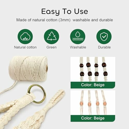 Cotton rope features including natural cotton, green, washable, durable, and beige color with beads.