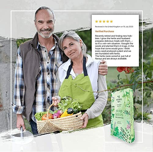 Couple holding a basket of vegetables with a herb seed pack and a positive review.