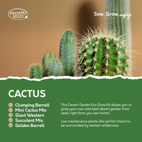 Assorted cacti with text promoting a desert garden eco grow kit.