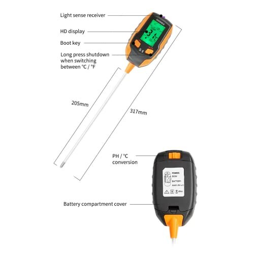 Digital soil pH meter with display and probe.