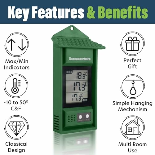 Digital thermometer with key features and benefits.