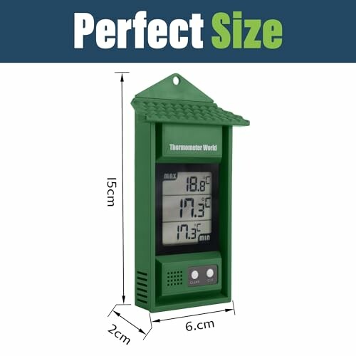 Digital thermometer with humidity display, showing temperature and size measurements.