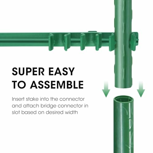 Illustration showing easy assembly of a garden stake with a bridge connector.