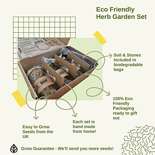 Eco-friendly herb garden set with soil, stones, and seeds in biodegradable packaging.