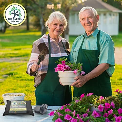 Elderly couple gardening with plants and soil bag.