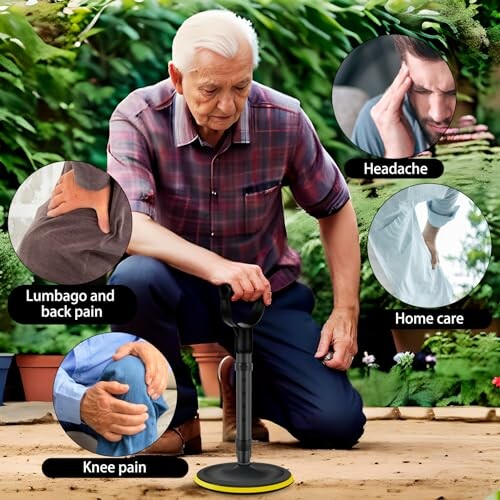 Elderly man using a gardening tool for knee support with health conditions highlighted.