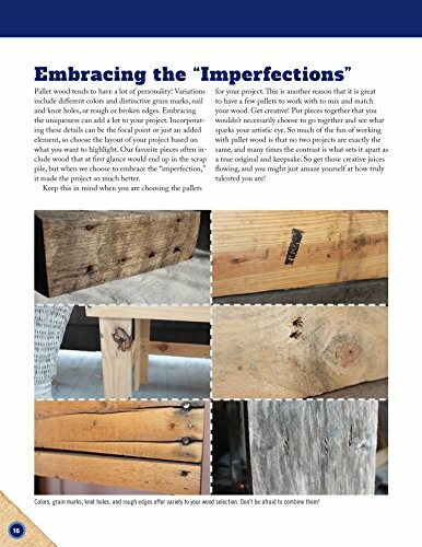 Page discussing embracing imperfections in pallet wood for projects, with images of wood textures.