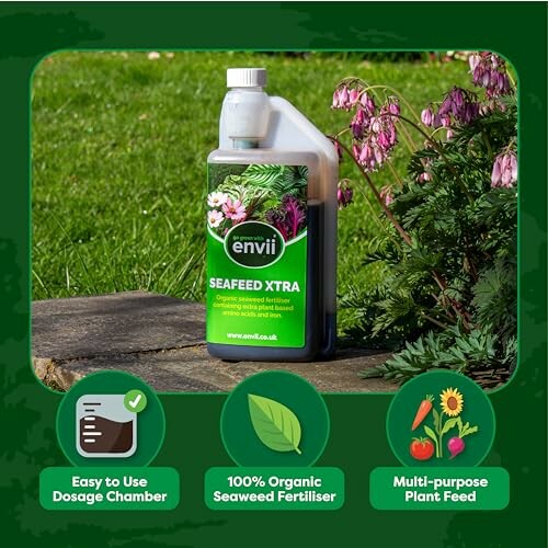 Envii Seafeed Xtra organic seaweed fertiliser bottle on grass