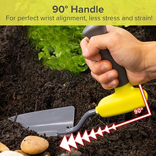 Ergonomic garden trowel with 90-degree handle for wrist alignment.