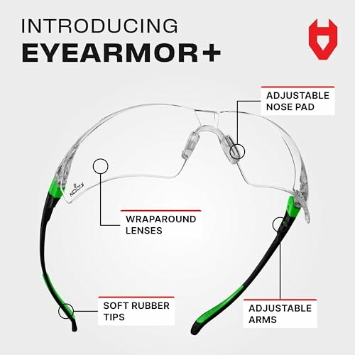 Eyearmor+ safety glasses with wraparound lenses and adjustable features.