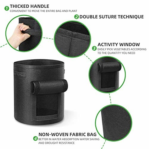 Black fabric plant grow bag with handle, double suture technique, activity window, and non-woven fabric description.