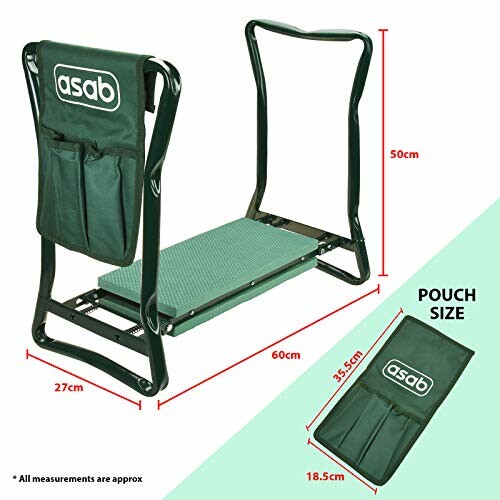 Foldable garden kneeler and seat with pouch, measurements shown.