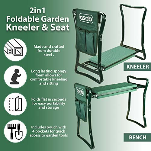 2-in-1 foldable garden kneeler and seat with durable steel frame, spongy foam, and tool pouch.