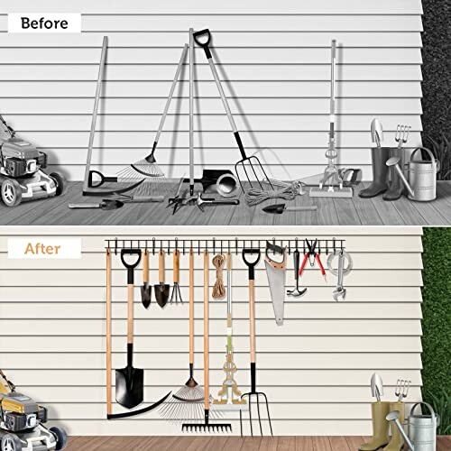 Before and after image of organized garage tools on wall hooks.