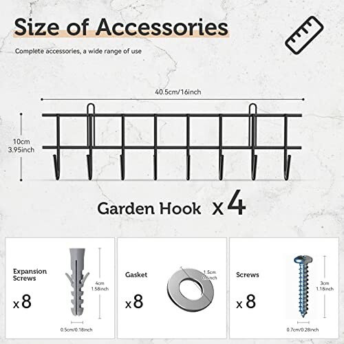 Size of garden hooks with accessories including expansion screws, gaskets, and screws.