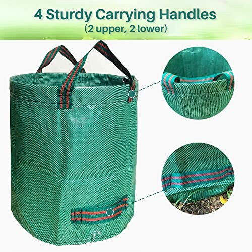 Green garden leaf bag with four sturdy carrying handles and two close-up views of handle stitching.