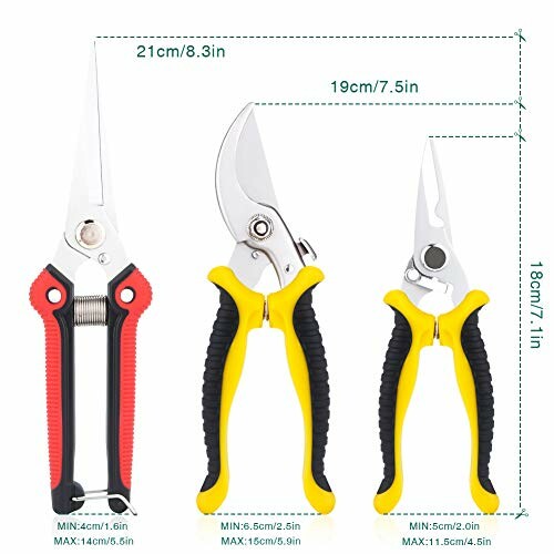 Three garden pruning shears with measurement details.