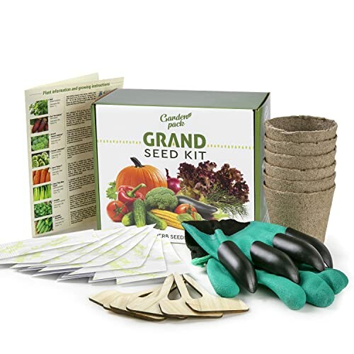 Garden seed kit with gloves, pots, and seed packets.