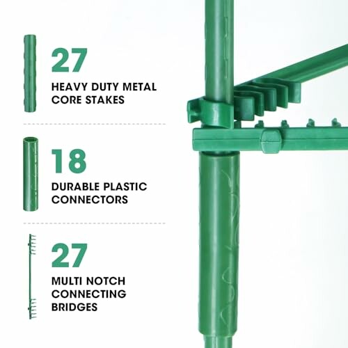 Components for a garden structure: metal core stakes, plastic connectors, and connecting bridges.