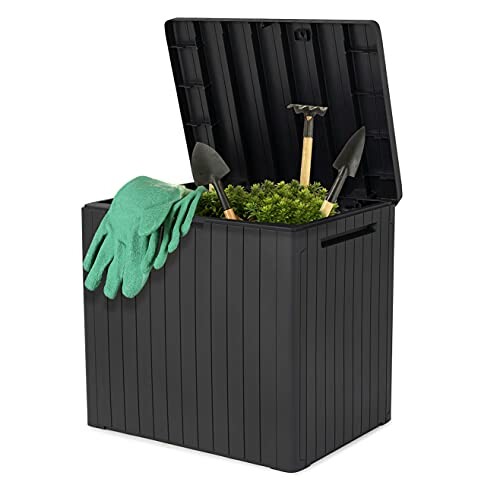 Open black storage box with gardening tools and gloves inside.