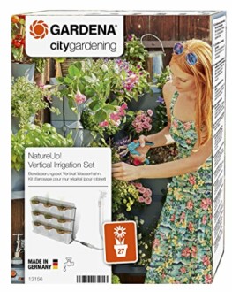 Gardena NatureUp Vertical Irrigation Set packaging with woman tending plants