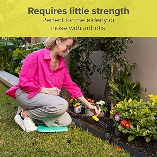 Elderly woman gardening with ease using a special tool.