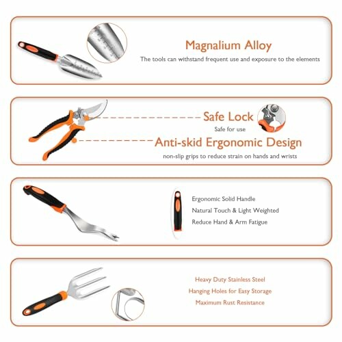 Features of durable gardening tools with ergonomic design.