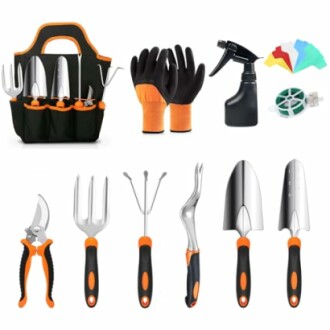 Gardening tools set with gloves, spray bottle, and various hand tools.