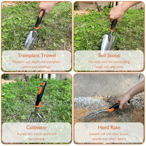 Gardening tools including transplant trowel, soil scoop, cultivator, and hand rake in use.