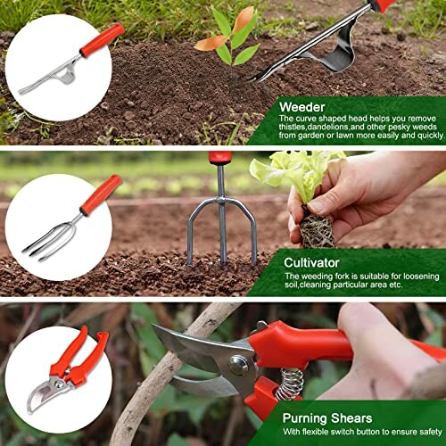 Illustration of gardening tools including a weeder, cultivator, and pruning shears.