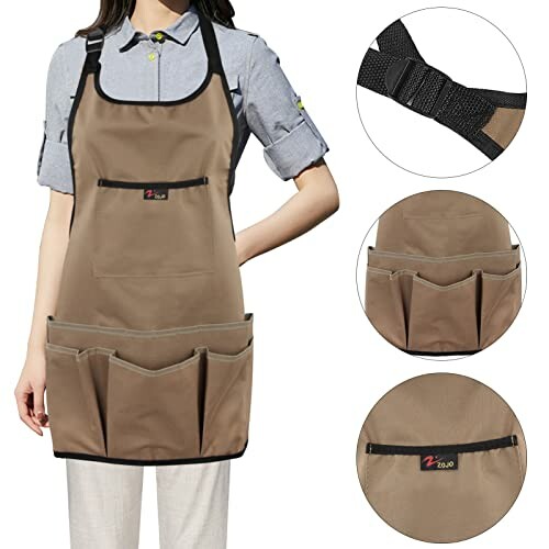 Person wearing a brown gardening apron with multiple pockets and adjustable straps.