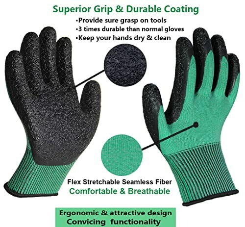 Green and black safety gloves with superior grip and durable coating features.