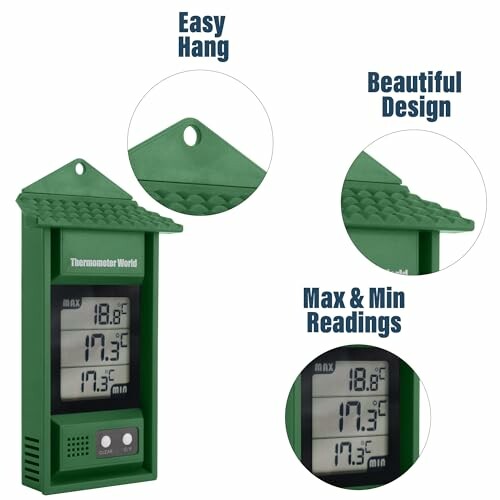 Green digital thermometer with easy hang and max/min readings.