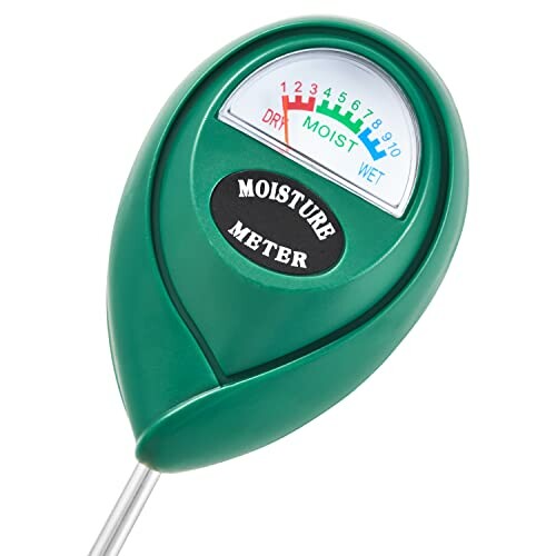 Green soil moisture meter with gauge displaying dry to wet levels.