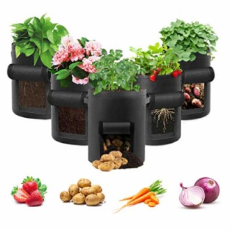 Grow bags displaying different plants and vegetables.