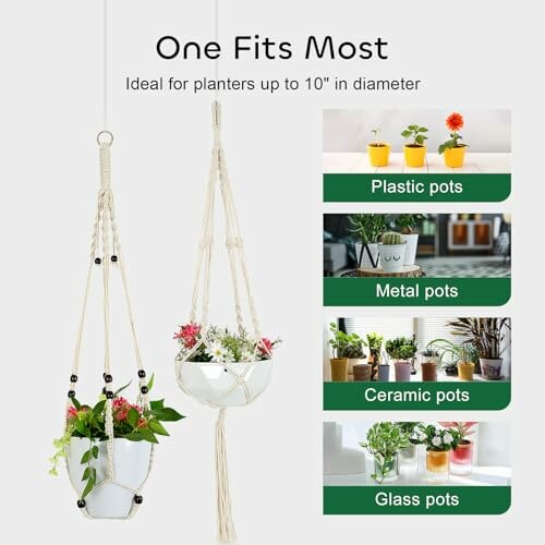 Hanging planters for various pot types including plastic, metal, ceramic, and glass.