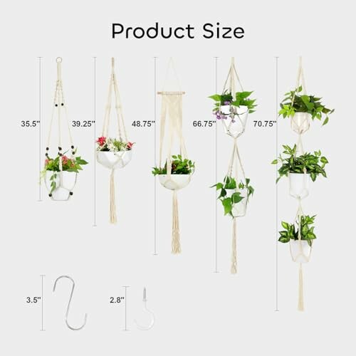 Various sizes of hanging planters with dimensions labeled.