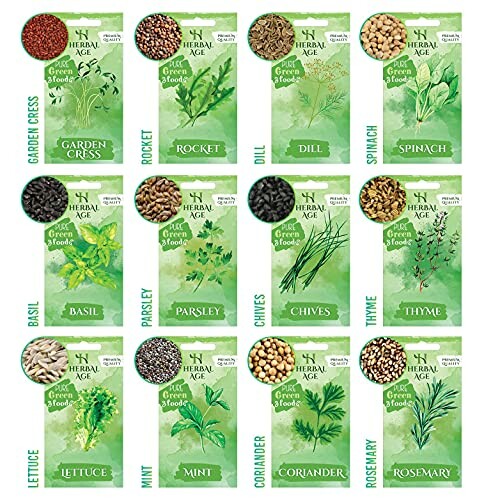 Collection of herb seed packets including garden cress, rocket, dill, spinach, basil, parsley, chives, thyme, lettuce, mint, coriander, and rosemary.