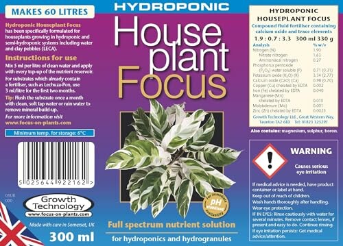 Hydroponic Houseplant Focus nutrient solution label