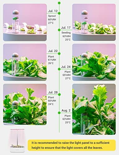 Stages of plant growth under LED lights with dates and conditions.